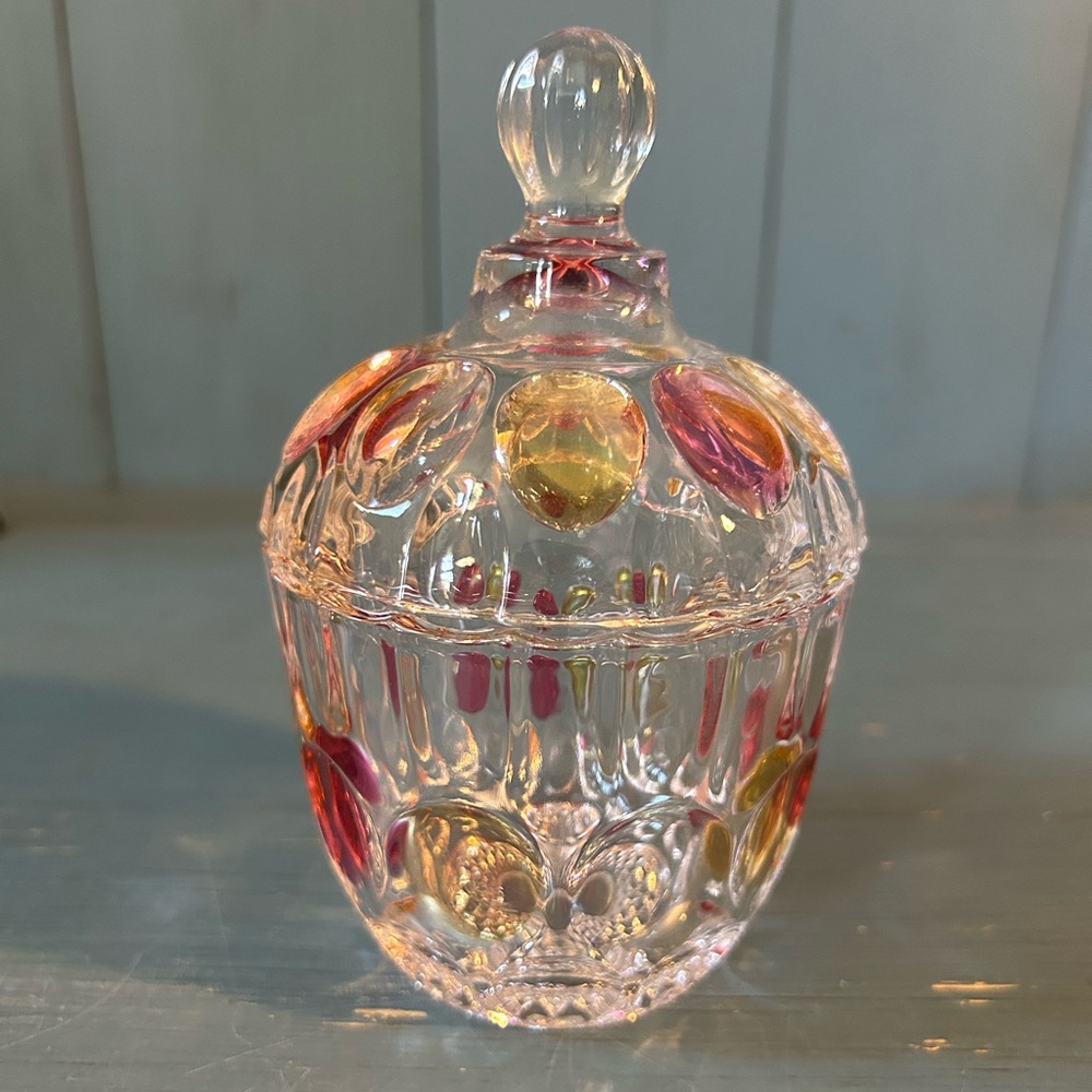 Colorful Vintage Soga Crystal Lidded Candy Dish (Amber & Cranberry Thumbprints)